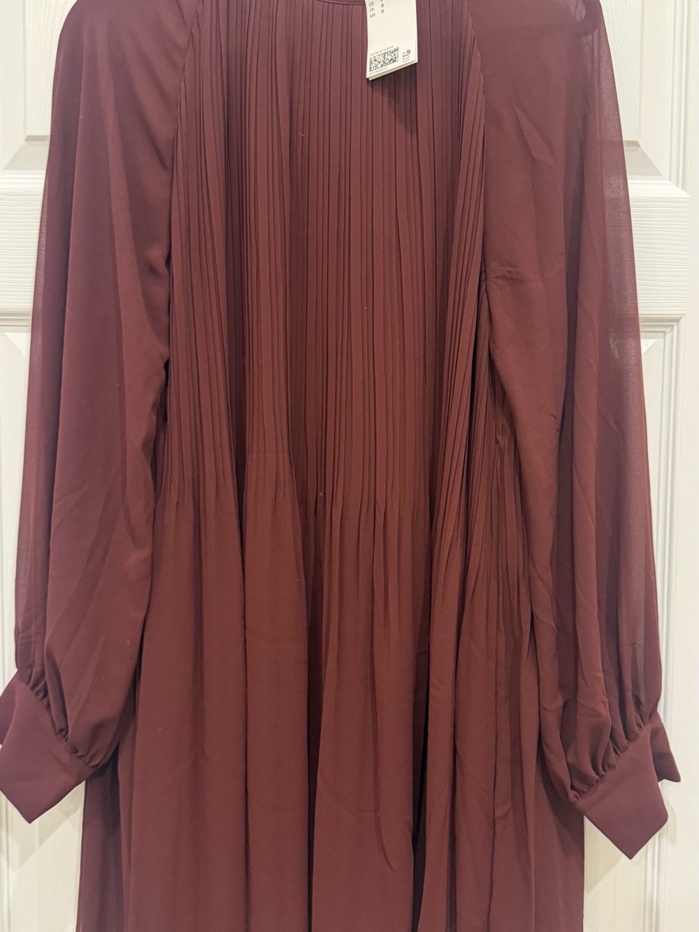 Pleated Long Sleeve Mini Dress in Deep Burgundy